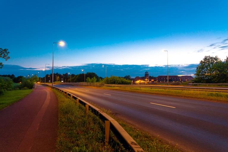 Streetlight on Milton Keynes grid road at dusk