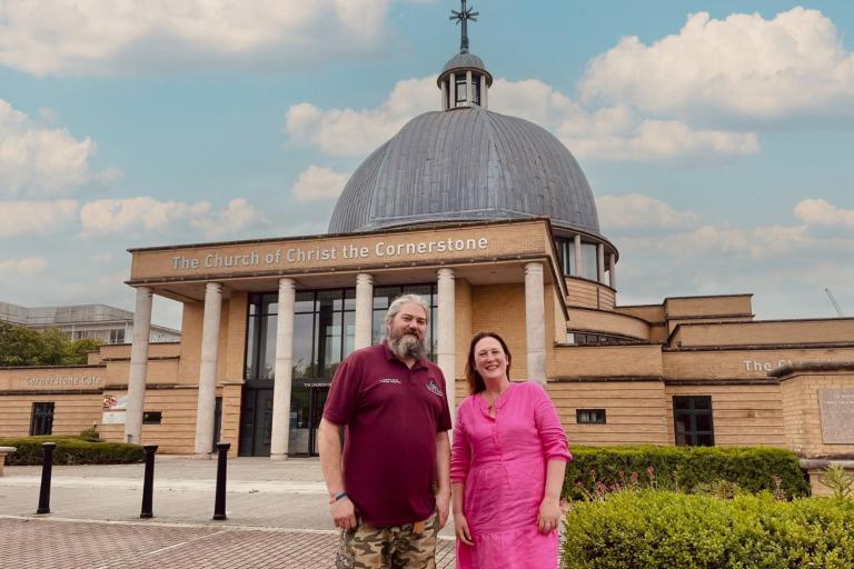 Cllr Emily Darlington outside The Church of Christ the Cornerstone