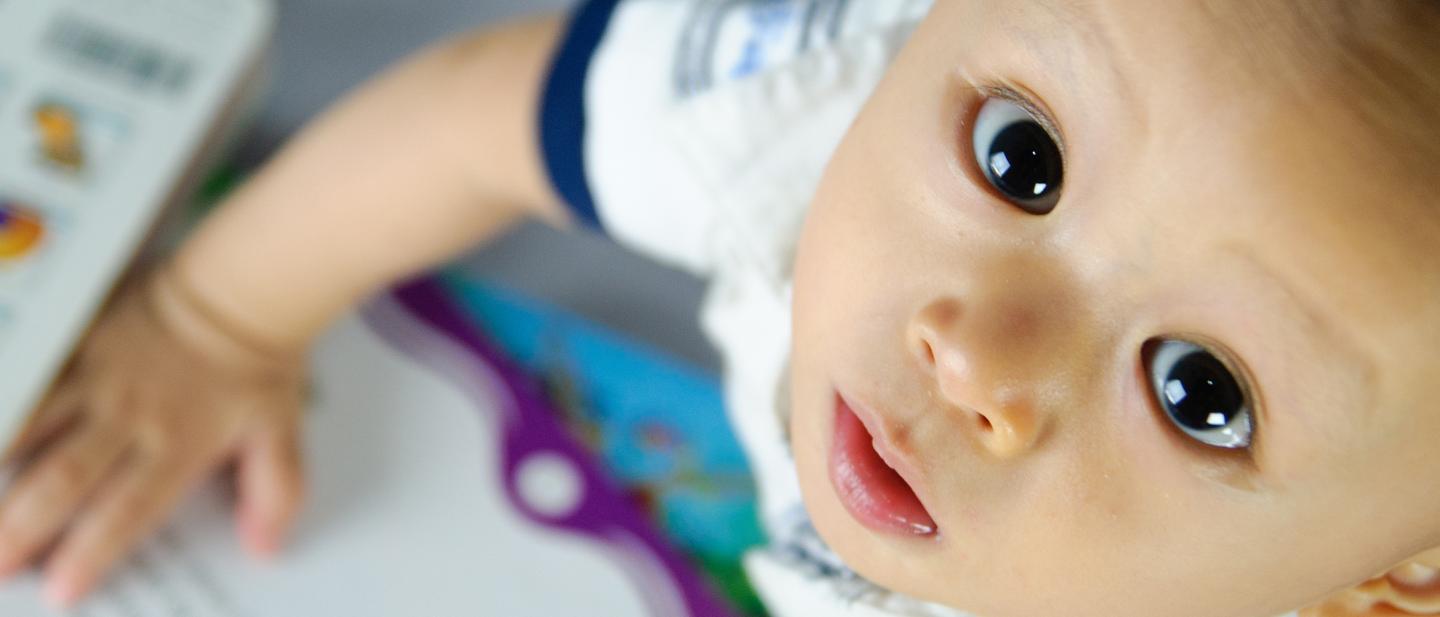 A baby reading a book