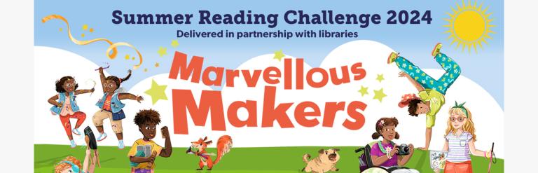 The Summer Reading challenge illustrated characters playing around the text 'Marvellous Makers'.