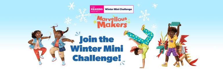 The Marvellous Makers Winter Mini Challenge illustrated heading along with the four cartoon characters