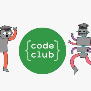 Cartoon robots alongside the Code Club logo.