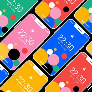 Bright graphics showing a grid of mobile phone screens diagonally across the image. 